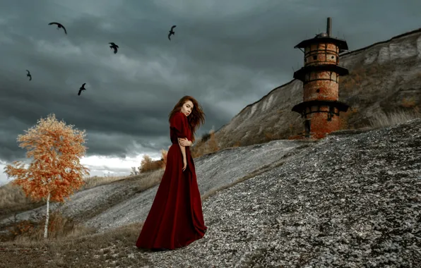 Картинка sky, dress, woman, clouds, tree, model, redhead, lighthouse