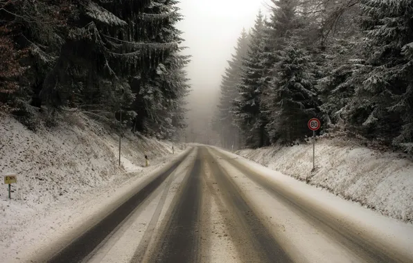 Картинка зима, дорога, лес, пейзаж, природа, мрак