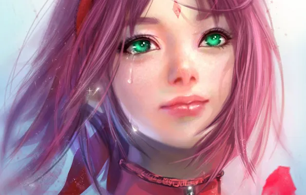 Картинка девушка, лепестки, арт, Naruto, слеза, розовые волосы, Sakura Haruno, RikaMello