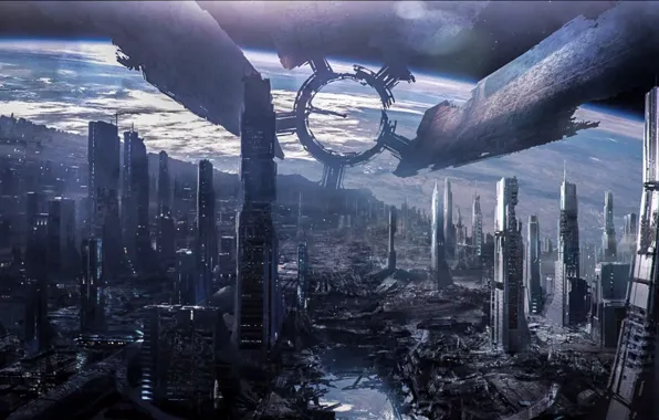 Космос, art, Mass Effect 3, Citadel, space station, Destroyed Citadel