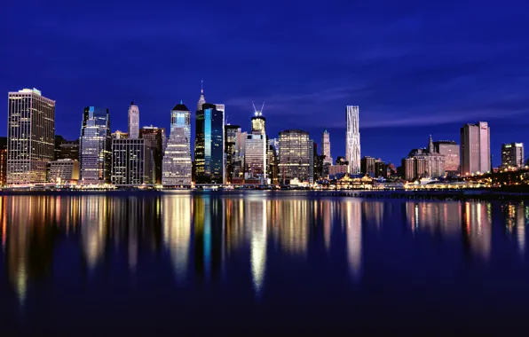 Картинка небо, ночь, огни, отражение, река, здания, Нью-Йорк, небоскребы