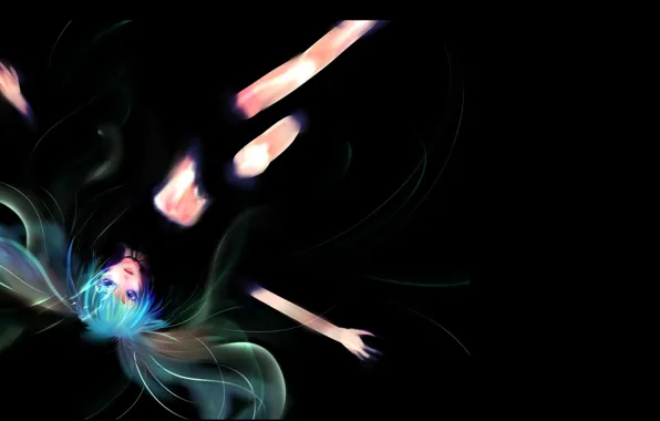 Руки, лежит, черный фон, Hatsune Miku, Vocaloid, длинные волосы, колени