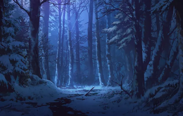 Картинка снег, ручей, сумерки, art, зимний лес, Adai Ikue