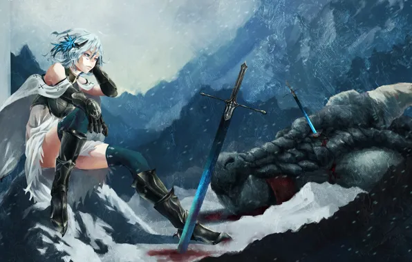 Девушка, снег, оружие, дракон, монстр, меч, арт, akaikitsune