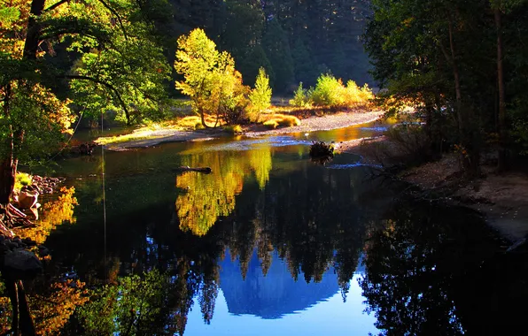 Картинка осень, лес, деревья, горы, отражение, ожеро