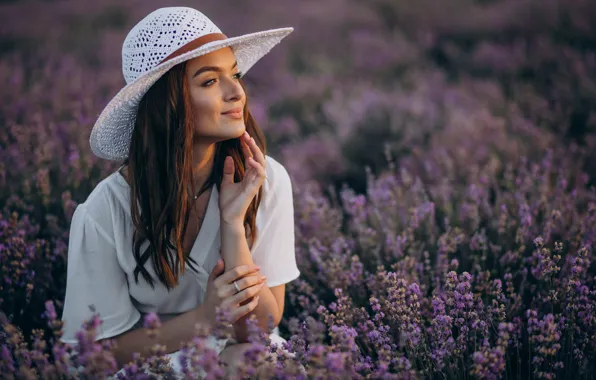 Девушка, цветы, портрет, шляпа, лаванда, лавандовое поле