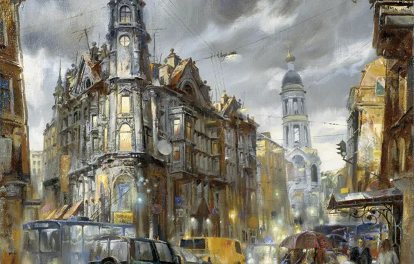 Машины, город, огни, дождь, транспорт, улица, рисунок, картина