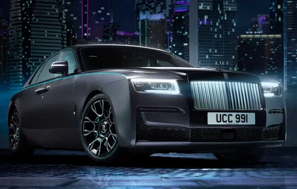 Картинка небоскребы, V12, экстерьер, Rolls-Royce Ghost, 600 л.с., 2021, Black Badge Ghost, 900 Нм