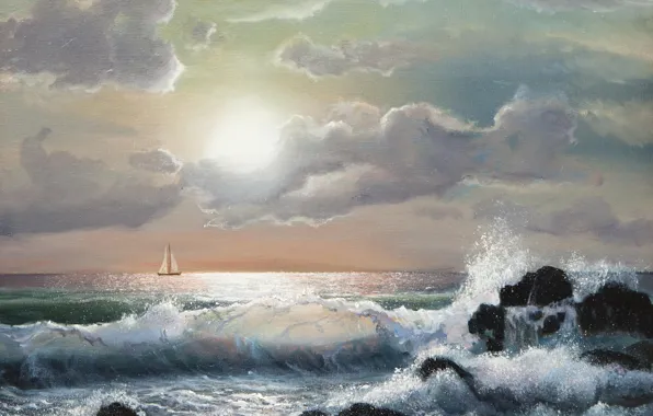 Небо, облака, корабль, горизонт, живопись, море. волны