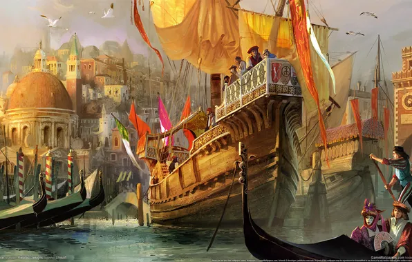 Картинка город, чайки, арт, порт, Венеция, флаги, гавань, гондолы