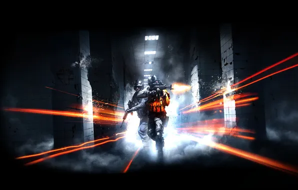 Картинка коридор, стрельба, Battlefield3, оружие.