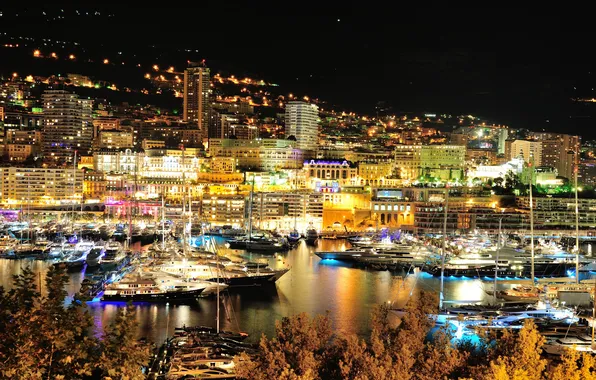 Город, дома, вечер, порт, Монако, monaco, отели, яхты.