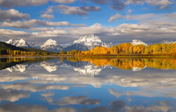 Картинка осень, облака, снег, деревья, горы, озеро, Вайоминг, США