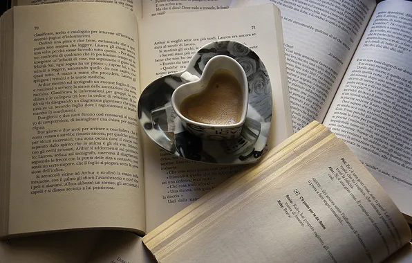 Картинка сердце, книги, кофе, кружка, страницы