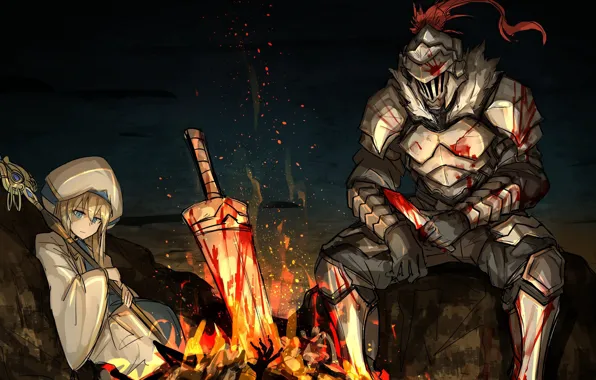 Девушка, ночь, огонь, маг, посох, рыцарь, костёр, Goblin Slayer