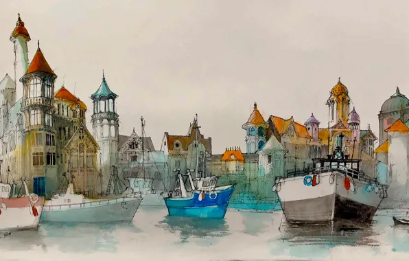 Картинка город, акварель, гавань, баркасы, Jean Paul Schifrine