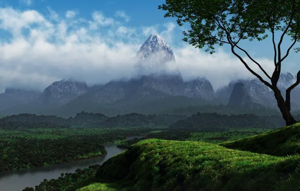 Картинка зелень, облака, деревья, природа, река, холмы, гора
