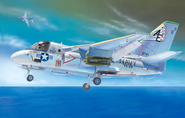 Картинка море, самолет, рисунок, пара, шасси, Lockheed, палубный, противолодочный