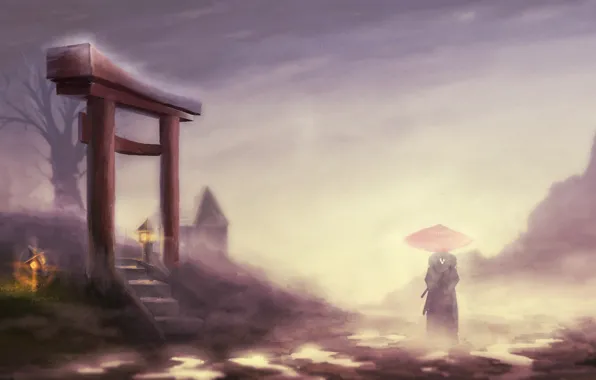 Картинка пейзаж, туман, дерево, зонт, самурай, фонари, мужчина, кимоно