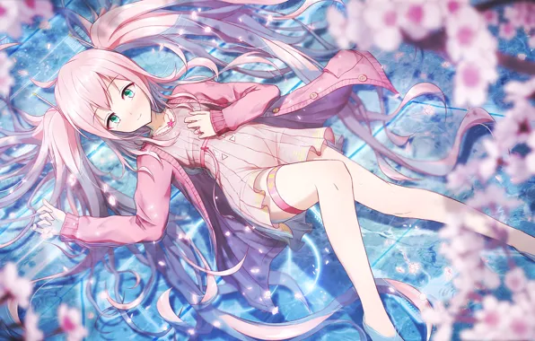 Вода, девушка, ветки, сакура, лежит, Vocaloid, anime, art