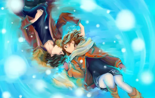 Картинка снег, любовь, арт, парень, манга, варежки, nakamuramiharu, yoshioka futaba