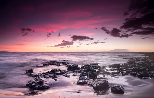 Картинка пляж, пейзаж, камни, океан, рассвет, горизонт, Гаваи