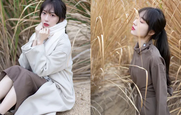 Grass, Beautiful, Asian, Model, Sand, Woman, Cute, Jacket