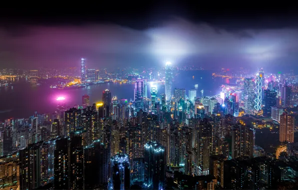 Свет, ночь, город, огни, Китай, Гонг Конг