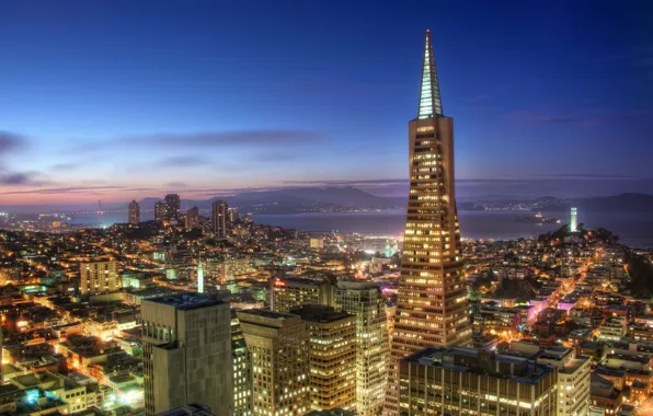 City, night, building