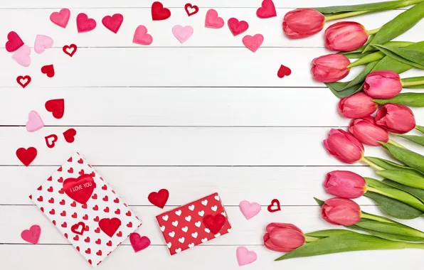 Картинка цветы, праздник, сердечки, тюльпаны, день влюбленных