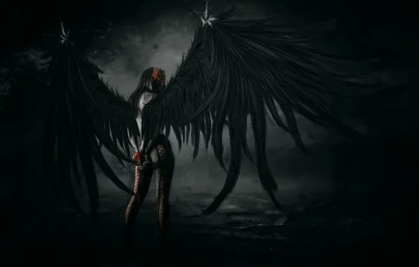 Картинка девушка, поза, крылья, арт, колготки, падший ангел