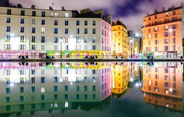 Картинка огни, отражение, краски, Франция, Париж, дома, канал Сен-Мартен