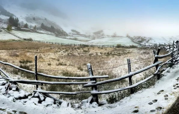 Картинка дорога, поле, снег, забор