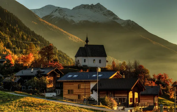 Картинка осень, лес, небо, солнце, деревья, горы, дома, Швейцария