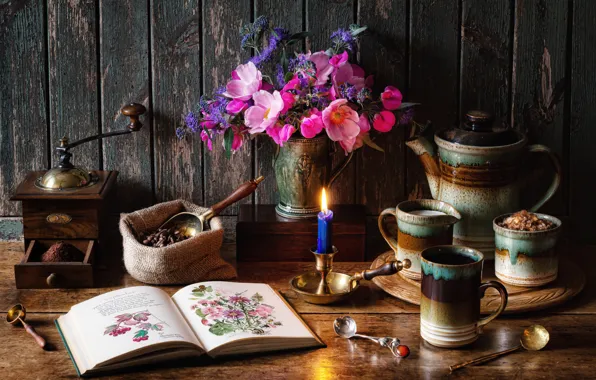 Картинка цветы, стиль, свеча, букет, кружка, книга, натюрморт, кофейные зёрна