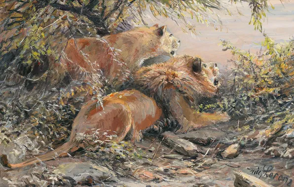 Деревья, Картина, Двое, Хищники, Большие кошки, Немецкий художник, Wilhelm Lorenz, Вильгельм Лоренц