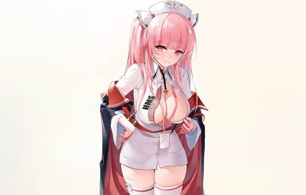 Girl, sexy, cleavage, thighhighs, pink hair, long hair, dress, boobs