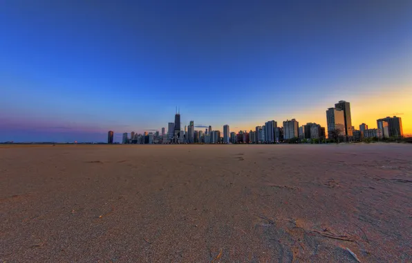 Пляж, город, небоскребы, USA, Chicago, illinois, панорамма