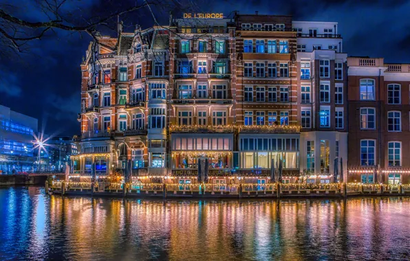Ночь, мост, огни, дома, Амстердам, фонари, канал, Нидерланды
