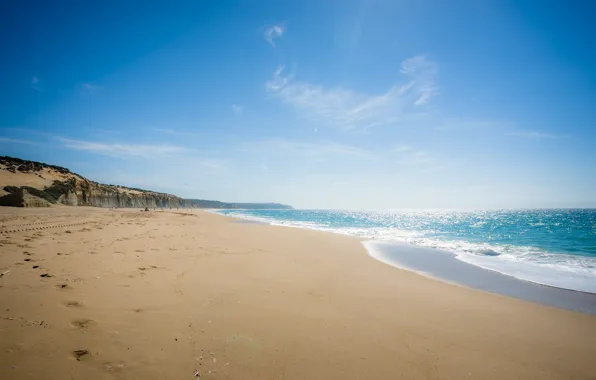 Картинка песок, море, пляж, лето, небо, вода, пейзаж, следы