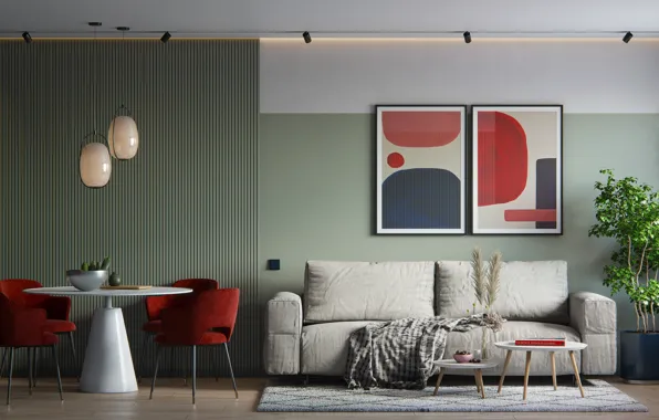 Дизайн, стиль, интерьер, софа, гостиная, столовая, red and green living room