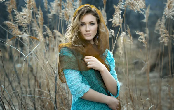 Картинка трава, взгляд, природа, платье, губки, локоны