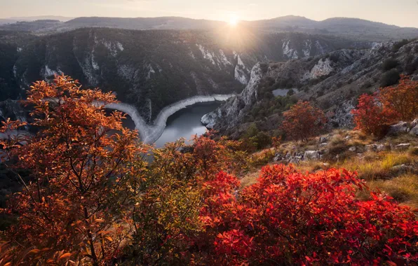 Осень, солнце, пейзаж, горы, природа, река, национальный парк, Сербия