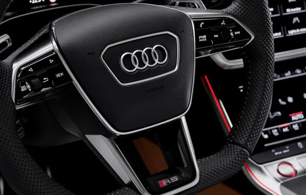 Картинка Audi, руль, эмблема, универсал, RS 6, 2020, 2019, V8 Twin-Turbo