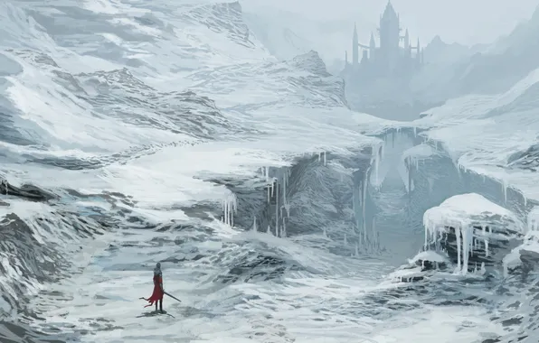 Картинка зима, снег, замок, меч, арт, ущелье, путник