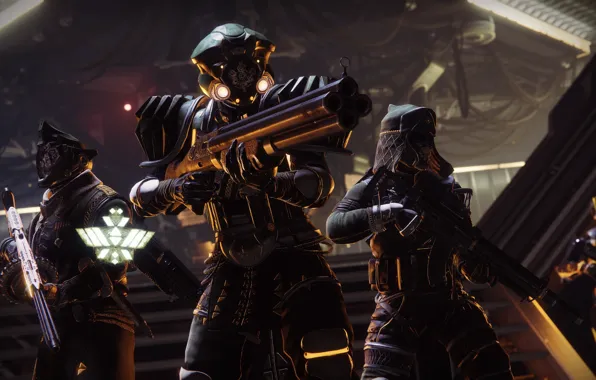 Оружие, фон, солдаты, трио, экипировка, шлемы, Destiny 2, Destiny 2: Shadowkeep