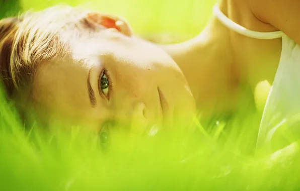Картинка зелень, трава, глаза, взгляд, девушка, солнце, макро, природа