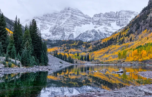 Горы, Осень, Озеро, США, Пейзаж, Maroon Lake