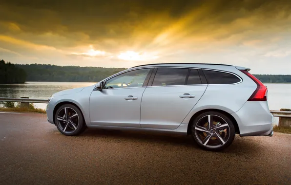 Дорога, закат, озеро, Volvo, V60, R-Design