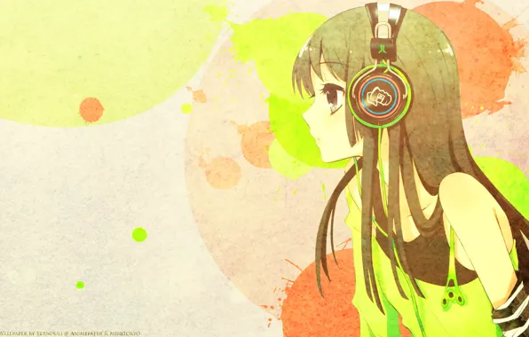 Аниме, наушники, арт, akiyama mio, k-on, легкая музыка